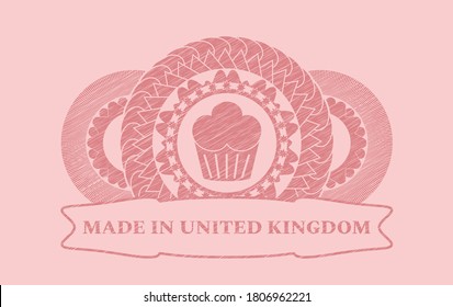 muffin icon and Made in United Kingdom text Pink stroke realistic emblem. Rose color classic background. Intense illustration. 