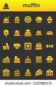 muffin icon set. 26 filled muffin icons.  Collection Of - Jelly, Cake, Candy jar, Cinnamon roll, Muffin, Pastry, Bread, Baguette, Waffle, Candy shop, Birthday cake, Tiramisu, Brownie