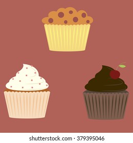 Muffin icon set. Blueberry, chocolate and chocolate chip. Vector flat design