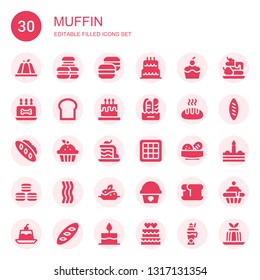 muffin icon set. Collection of 30 filled muffin icons included Pudding, Macarons, Macaron, Birthday cake, Cupcake, Bread, Cake, Waffle, Bacon, Jelly, Latte