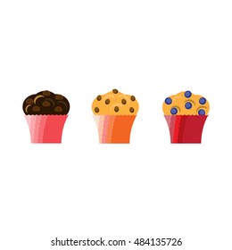 Muffin icon set. Muffins with chocolate chips, raisins and blueberries. Vector illustration in flat style.