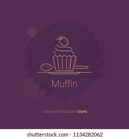 Muffin icon with strawberries for restaurants and cafes.