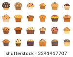 Muffin icons set flat vector. Bakery cake. Cupcake birthday isolated