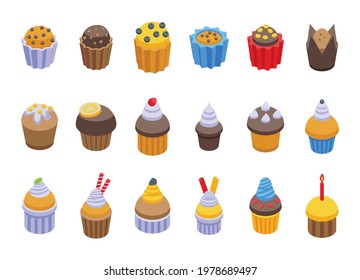 Muffin icons set. Isometric set of muffin vector icons for web design isolated on white background