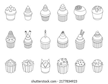 Fijación de iconos de muffin. Conjunto isométrico de iconos vectoriales de muffin contorno de línea delgada en blanco aislado