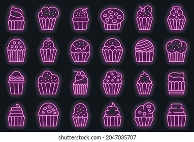 Muffin-Symbole gesetzt. Rahmenset von muffin-Vektorsymbol Neonfarbe auf Schwarz