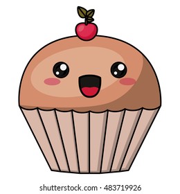Muffin with kawaii face icon. Cute cartoon and character theme. Isolated design. Vector illustration