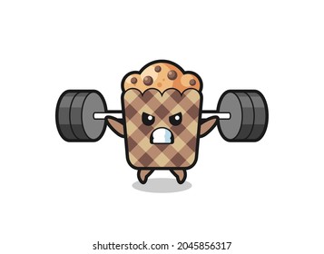 muffin mascot cartoon with a barbell , cute design