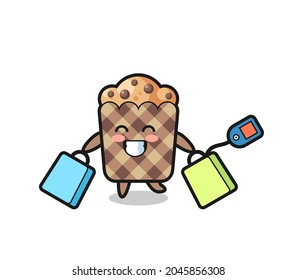 muffin mascot cartoon holding a shopping bag , cute design