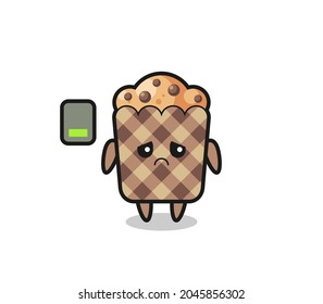 muffin mascot character doing a tired gesture , cute design