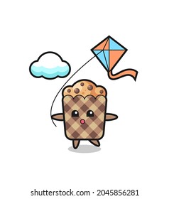 muffin mascot illustration is playing kite , cute design