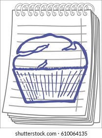Muffin on notebook background. Free hand drawn. Vector illustration.