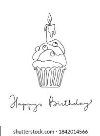 Muffin with one candle isolated on white background. Hand drawn vector illustration line art style. First anniversary concept