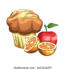 muffin, orange and apple over white background, vector illustration