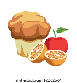 muffin, orange and apple over white background, vector illustration