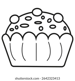 Ícone de contorno do muffin. Vetor de massa de sobremesa. Esboço em forma de bolinho. Doce cozido bem.