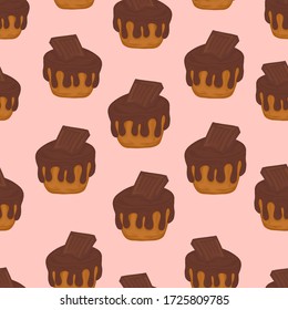 muffin pattern with chocolate icing cream  sweets dessert confectionery  seamless background vector illustration banner holiday element baking