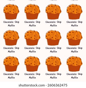 Muffin pattern. Seamless background with delicious sweet pastries with inscriptions. Muffin with chocolate chips. Vector illustration for bakeries, menus, designs, banners, websites, printing
