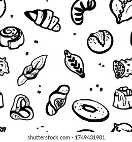 Muffin pattern and various pastries drawn in black outline. Black drawing on a white background. Image for a kitchen, cafe or banner on the theme of cooking.