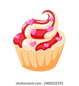 Muffin with pink candy in shape of heart. Flat style cupcake. Vector illustration isolated on a white background.