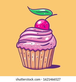 Muffin pink with cherry. Hand draw vector illustration. Cartoon style. Isolated on yellow background.