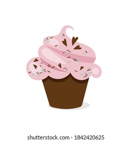 Muffin with pink cream, chocolate chips and hearts. Vector illustration of cupcake icon on white background