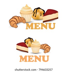 Muffin, Profiterole, croissant and cheesecake flat design isolated on white background. Vector illustration of bakery goods for poster label and menu bakery shop.