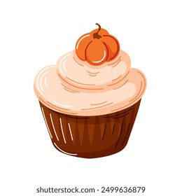 Muffin mit Kürbis im Cartoon-Stil. Design von süßen gebackenen Cupcake für Konditorei, Bäckerei. Vektorgrafik einzeln auf weißem Hintergrund.