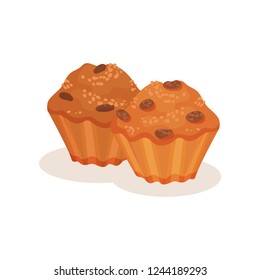 Muffin with raisins, sweet bakery pastry product vector Illustration on a white background