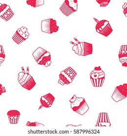 Muffin red and white pattern. Birthday cup cakes decorative background. Vector illustration