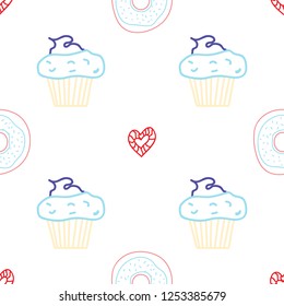 Muffin sealmess pattern. Draw by hand. Cupcake texture. Food vector illustration.