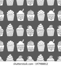 Muffin seamless pattern. Cupcake background. Vector illustration. Food image. Hand drawn illustration for your wallpaper, textile, fabric or wrapping paper.  