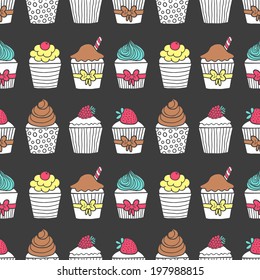 Muffin Seamless Pattern. Cupcake Background. Vector Illustration. Food Image. Hand Drawn Illustration For Your Wallpaper, Textile, Fabric Or Wrapping Paper.  