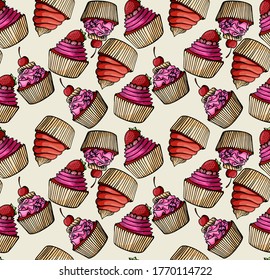 Muffin seamless pattern simple illustration . Cupcake collection with different flavors . Colored hand drawn 6 muffin cookies .