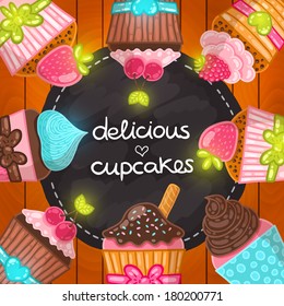 Muffin set. Cupcake frame. Hand drawn vector illustration. Food image.