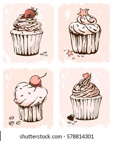 Muffin set. Cupcake set. Hand drawn vector illustration. Food image. Cakes vintage illustration in pastel colors.