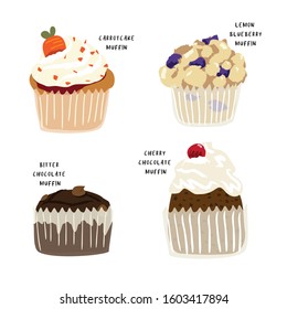 Muffin Set of Illustration. Muffin or Cupcake with lettering for cafe or restaurant menu. Dessert or Pastry Set. Carrot, blueberry, cherry, chocolate muffins. - Vector