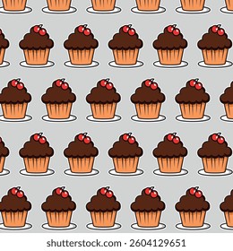 Muffin set, simple illustration. Collection of cakes with different flavors, with handmade cherries. patterin