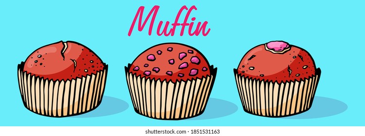 Muffin set simple illustration . Cupcake collection with different flavors . Colored hand drawn 6 muffin cookies .