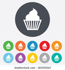 Muffin sign icon. Cupcake symbol. Round colourful 11 buttons. Vector