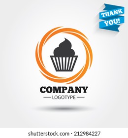 Muffin sign icon. Cupcake symbol. Business abstract circle logo. Logotype with Thank you ribbon. Vector