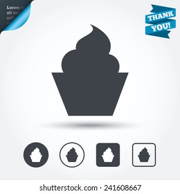 Muffin sign icon. Cupcake symbol. Circle and square buttons. Flat design set. Thank you ribbon. Vector