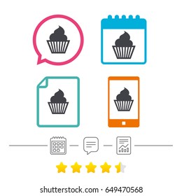 Muffin sign icon. Cupcake symbol. Calendar, chat speech bubble and report linear icons. Star vote ranking. Vector
