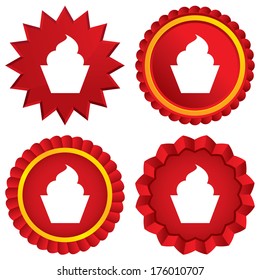 Muffin sign icon. Sweet cake symbol. Red stars stickers. Certificate emblem labels. Vector