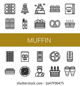 muffin simple icons set. Contains such icons as Bread, Toffee, Wedding cake, Cake, Macaroons, Pretzel, Muffin, Bagel, Bean toasting, Baker, can be used for web, mobile and logo