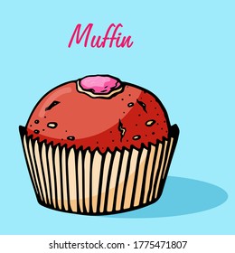 Muffin simple illustration . Cupcake with different flavors . Colored hand drawn muffin cookie .