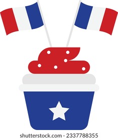 Muffin con la celebración de la bandera pequeña Día Diseño del ícono del vector de comida, Símbolo del Día de la Bastilla, Signo del Día Nacional de Francia, ilustración del stock de la Revolución Francesa, torta de la copa con el concepto de bandera