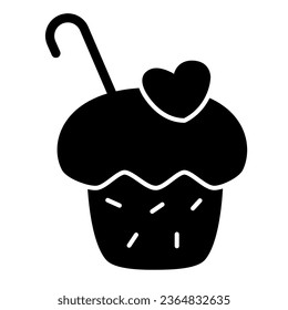 Muffin solid icon, bakery concept, sweet cake sign on white background, cupcake with cream and little heart decoration icon in glyph style for mobile and web design. Vector graphics