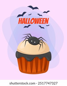 Muffin with spider decoration for Halloween party. Lettering with flying bats on abstract background. Celebration, holiday concept. Vector illustration for invitation, banner or poster