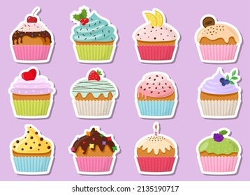 Muffin sticker, label with pure colored cream  set. Cupcakes collections decorated with cherry, blackberry and mint, candle, lemon, cookie, strawberry. Pastries sprinkled with tasty crumbs. Vector